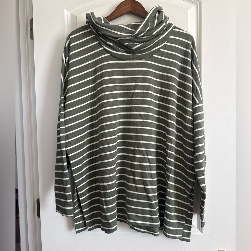 LOFT Lounge Dolman Striped Cowl Neck Top Olive Green and White Stripes NWT L
